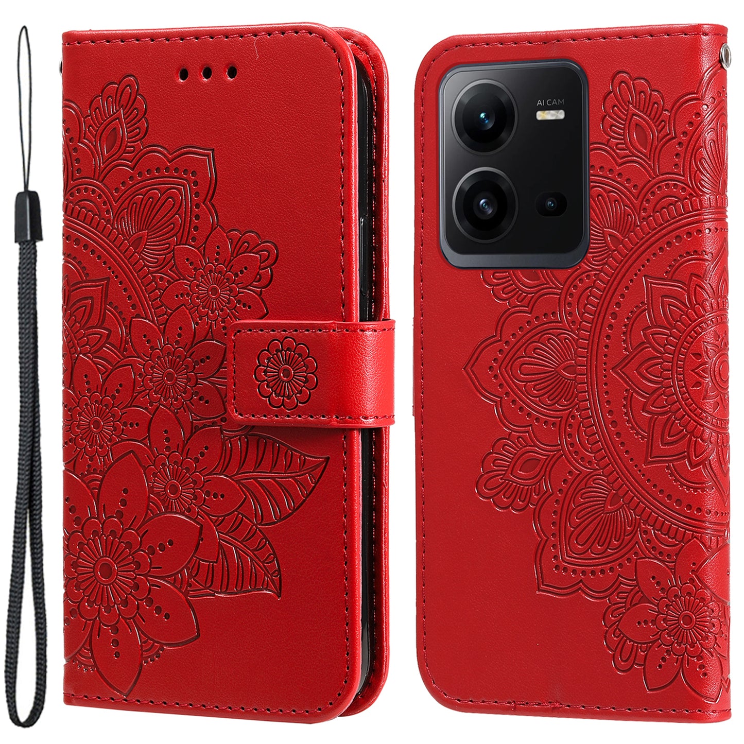For vivo V25 5G / V25e 4G Flower Imprinting Leather Phone Cover Stand Wallet Case with Strap