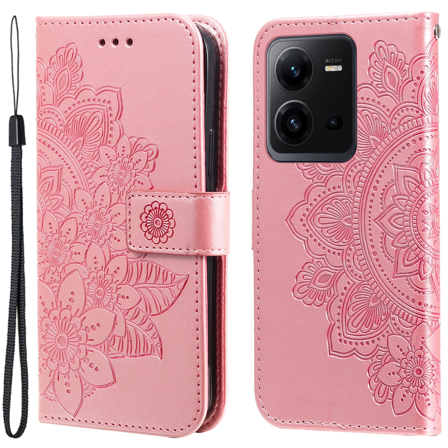 For vivo V25 5G / V25e 4G Flower Imprinting Leather Phone Cover Stand Wallet Case with Strap