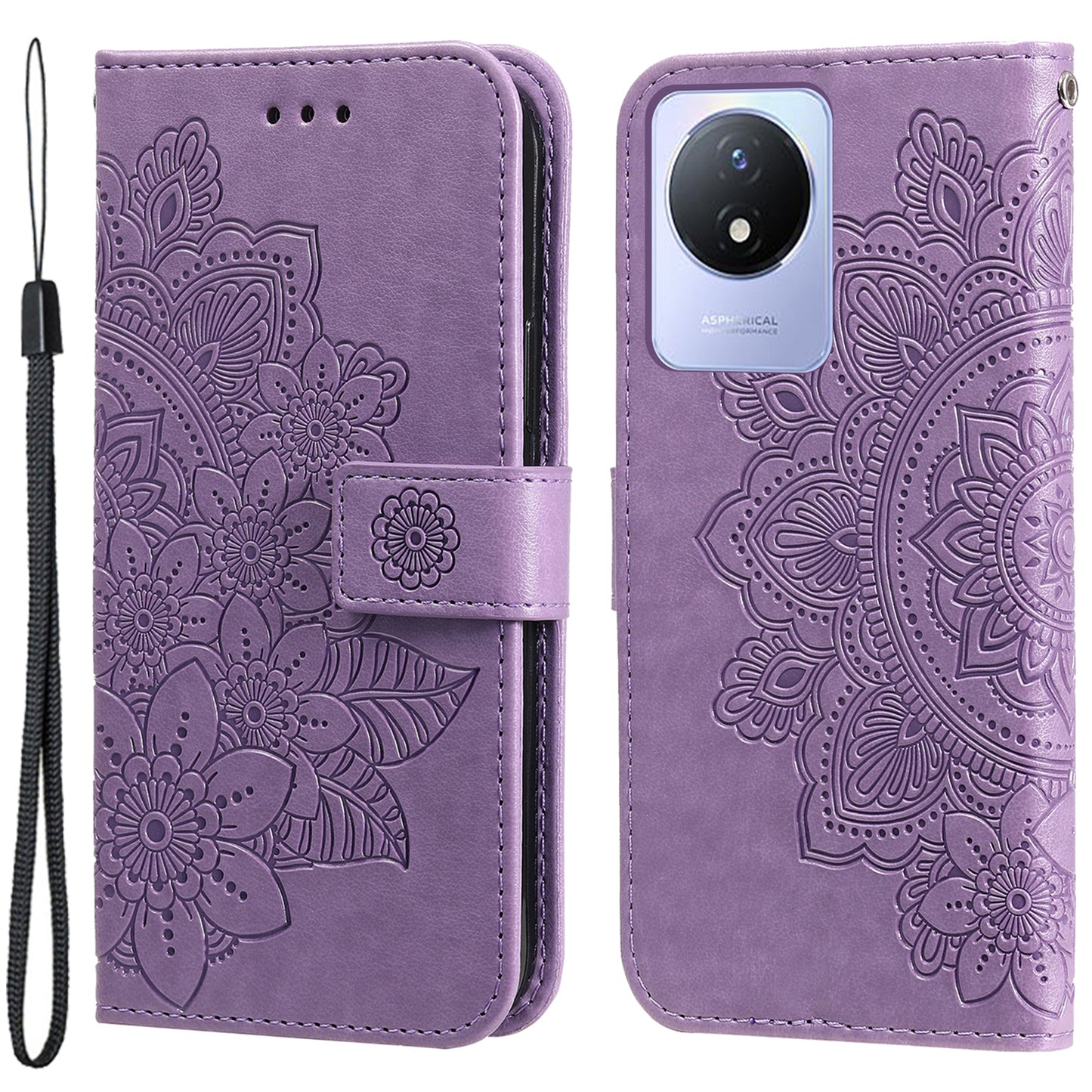 For vivo Y02 4G Anti-Scratch Phone Cover Flower Imprinting Leather Stand Wallet Case with Strap