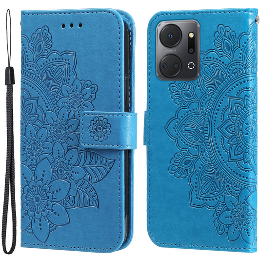 For Honor X7a 5G Anti-Fading Phone Cover Flower Imprinting Leather Stand Wallet Case with Strap