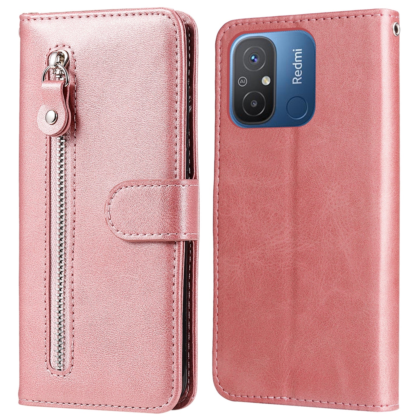 For Xiaomi Redmi 12C 4G / 11A 4G Leather Phone Case Zipper Pocket Phone Cover with Stand Wallet