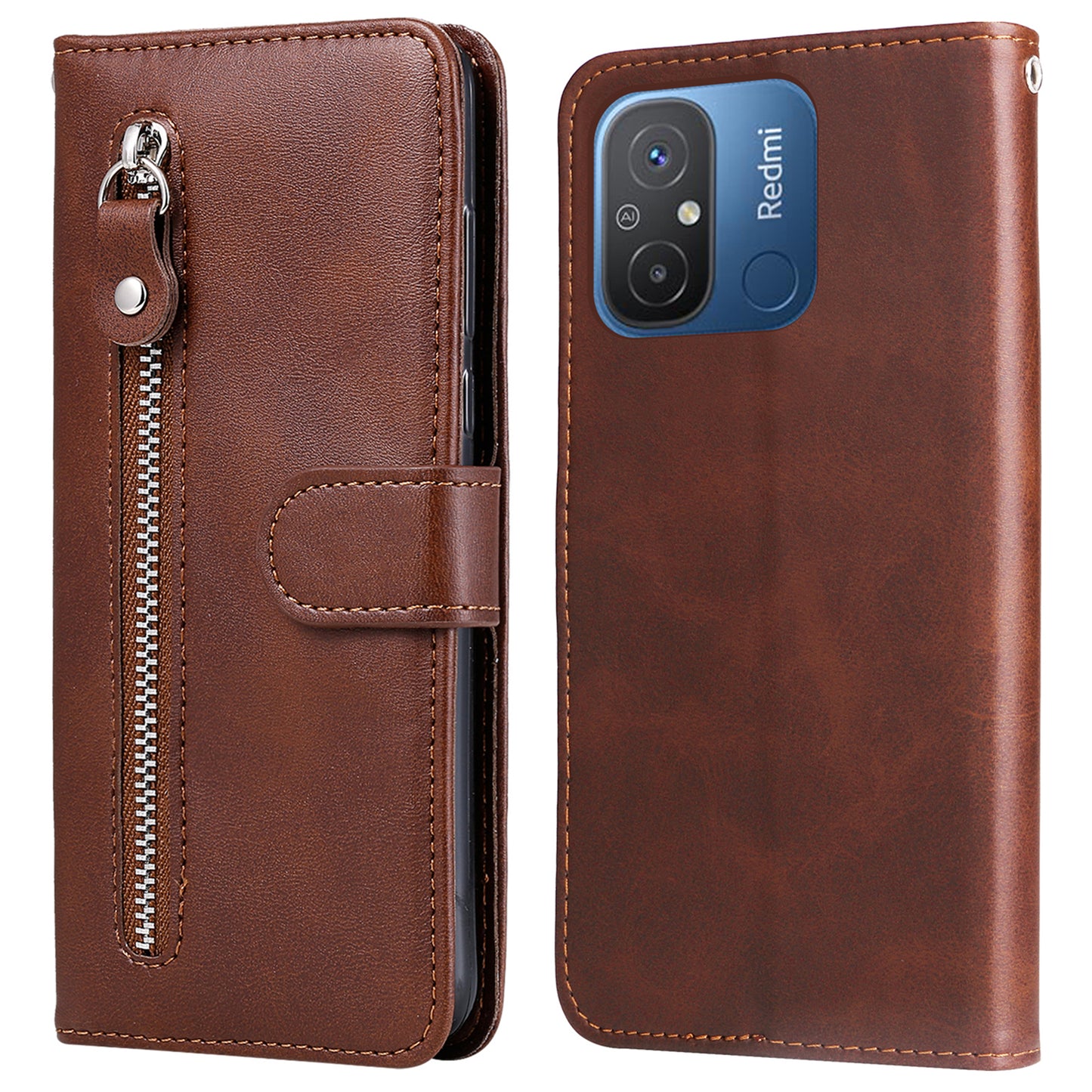 For Xiaomi Redmi 12C 4G / 11A 4G Leather Phone Case Zipper Pocket Phone Cover with Stand Wallet