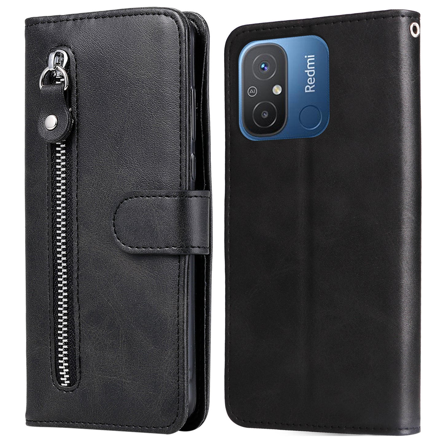 For Xiaomi Redmi 12C 4G / 11A 4G Leather Phone Case Zipper Pocket Phone Cover with Stand Wallet