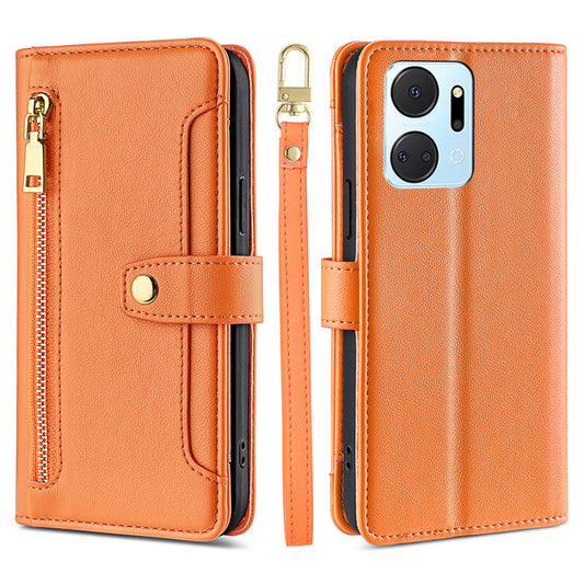 For Honor X7a 5G Zipper Pocket Phone Stand Case Card Slots Leather Wallet Cover with 2 Straps
