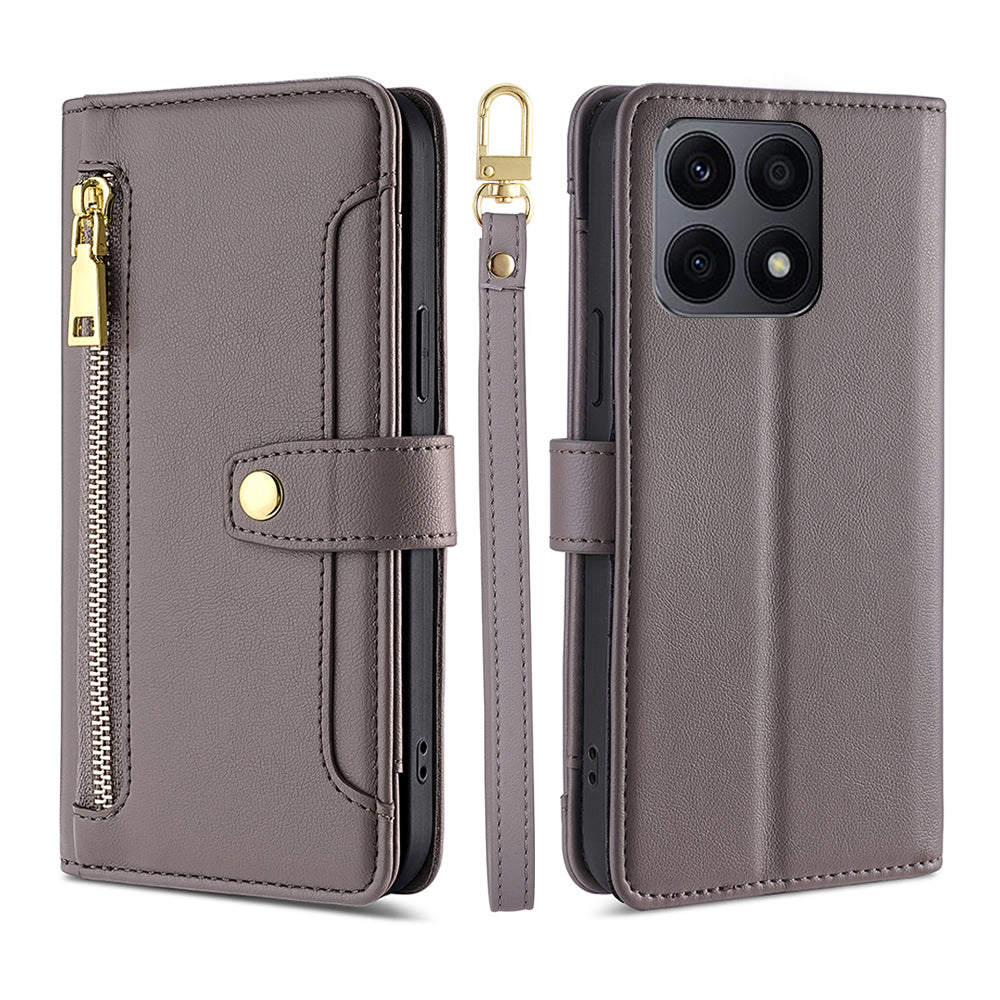 For Honor X8a 4G Phone Stand Case Drop-proof Zipper Pocket Leather Wallet Cover with 2 Straps