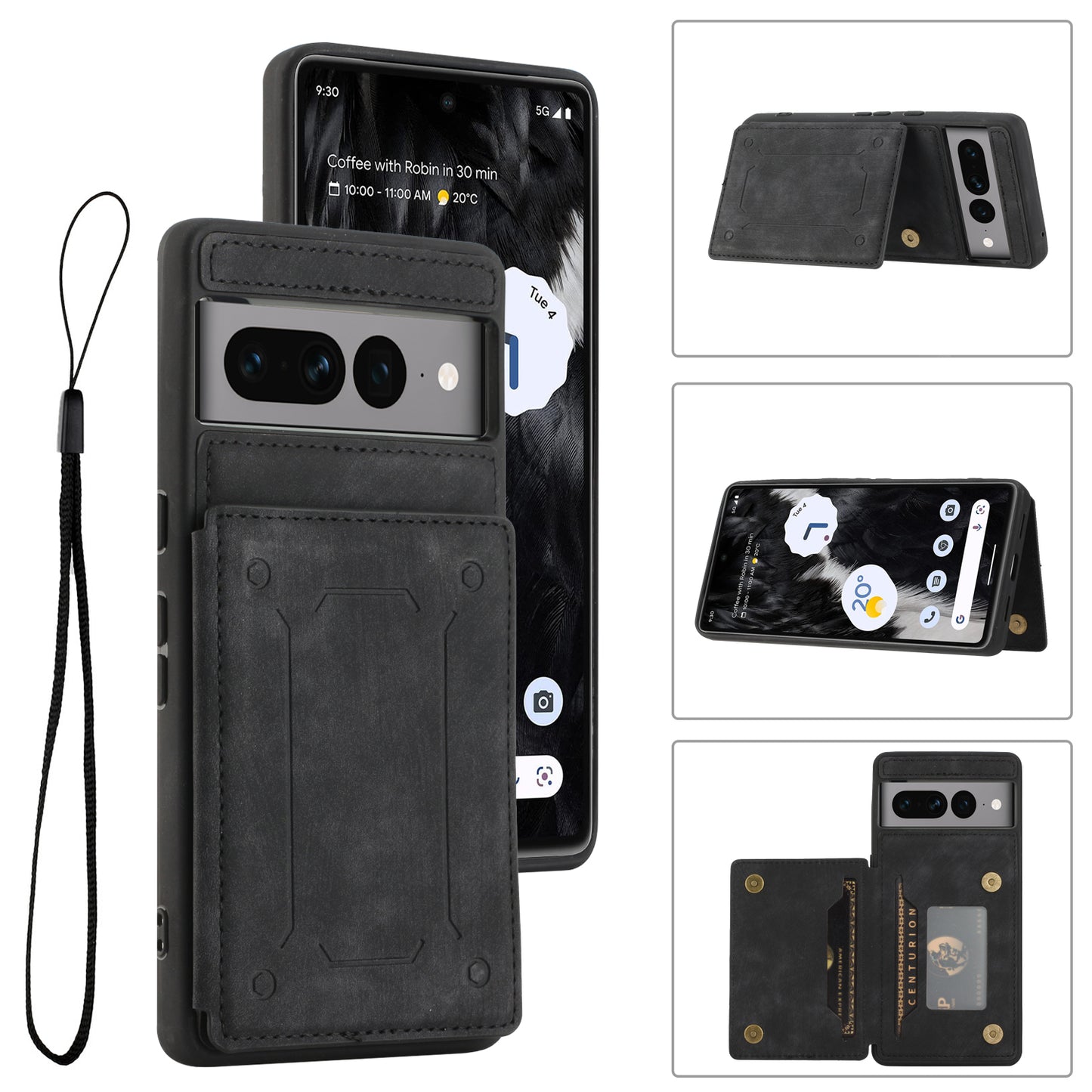 For Google Pixel 7 Pro 5G Phone Case with Kickstand Dual Card Holder PU Leather Coated TPU Magnetic Cover