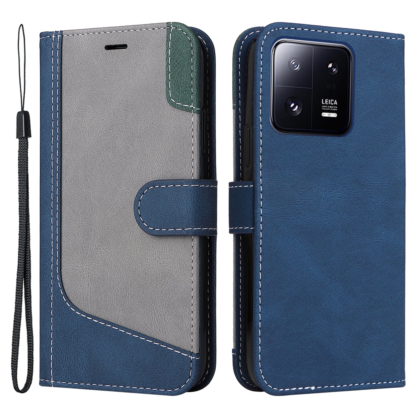KT Leather Series-5 for Xiaomi 13 Pro 5G Phone Case PU Leather Stand Tri-color Splicing Phone Wallet Cover with Strap