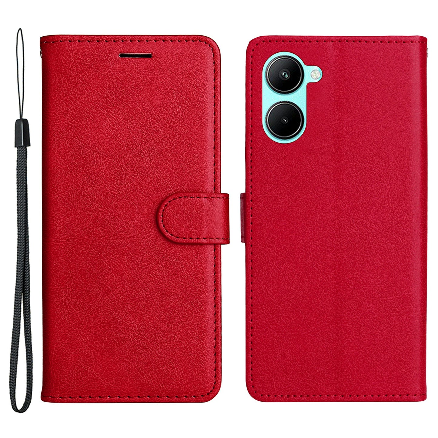 KT Leather Series-2 for Realme C33 2023 4G / C33 4G Solid Color Phone Case Wallet Stand Leather Phone Cover with Strap