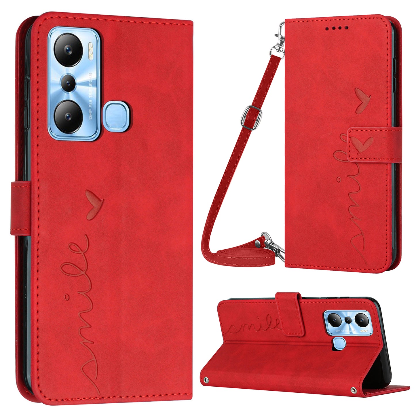 For Infinix Hot 20i 4G PU Leather Phone Case Heart Shape Phone Wallet Stand Cover with Shoulder Strap