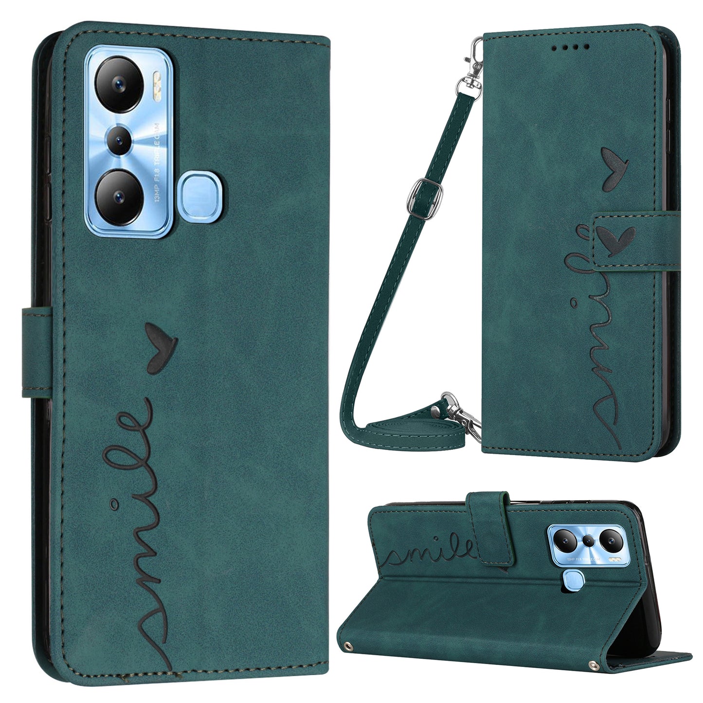 For Infinix Hot 20i 4G PU Leather Phone Case Heart Shape Phone Wallet Stand Cover with Shoulder Strap