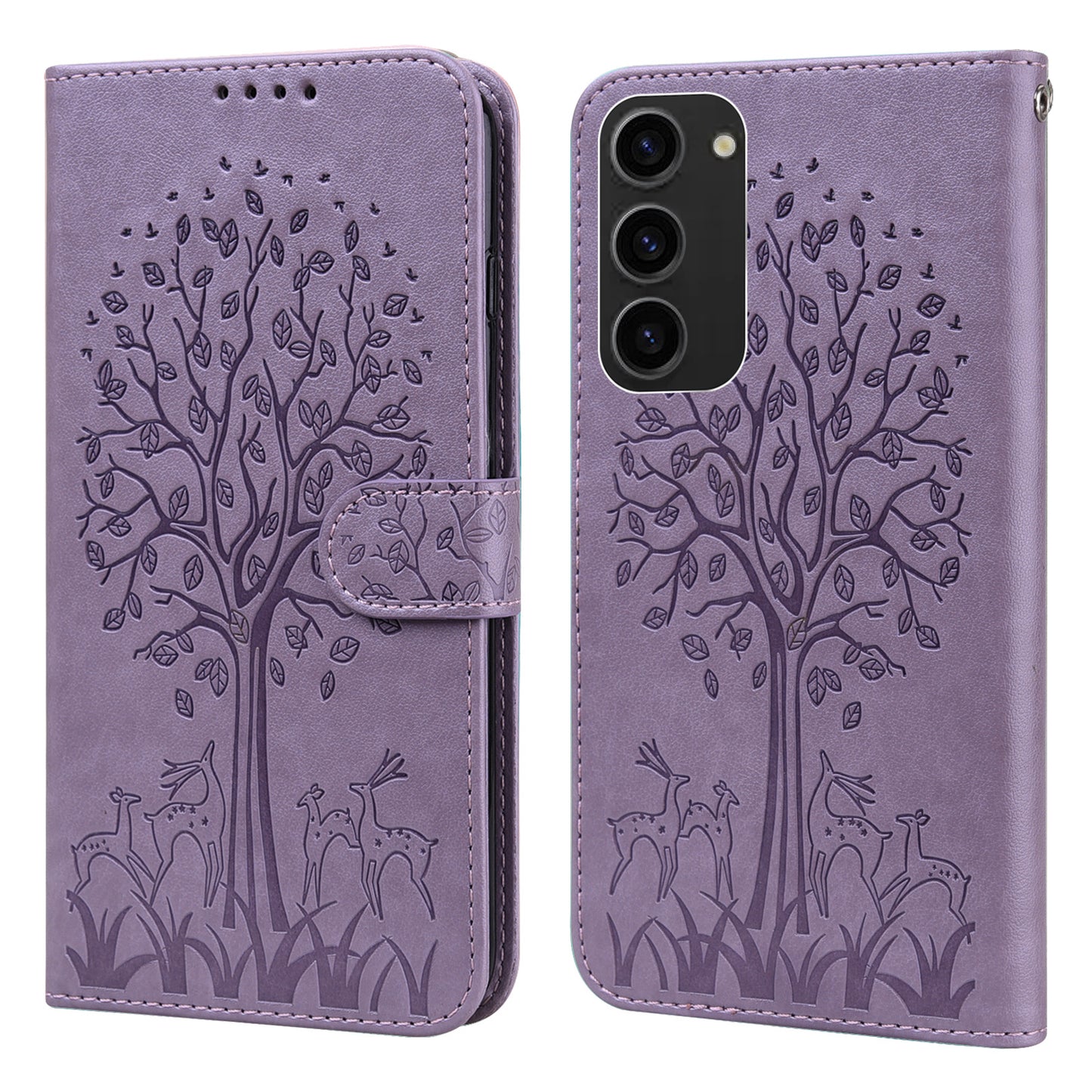 For Samsung Galaxy S23+ PU Leather Phone Case Deer Tree Pattern Wallet Stand Folio Cover