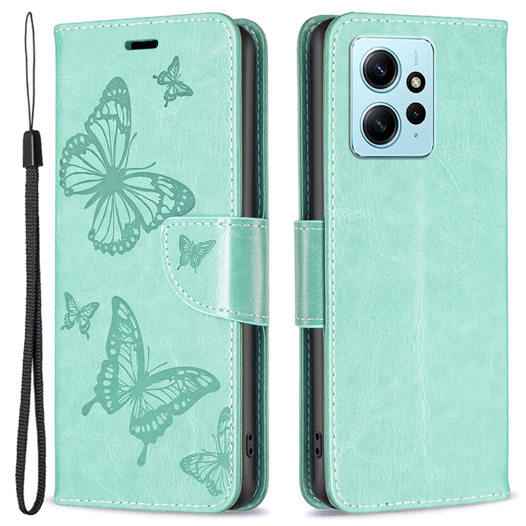 Wallet Stand Case for Xiaomi Redmi Note 12 4G Butterfly Imprinted Leather Phone Cover with Strap