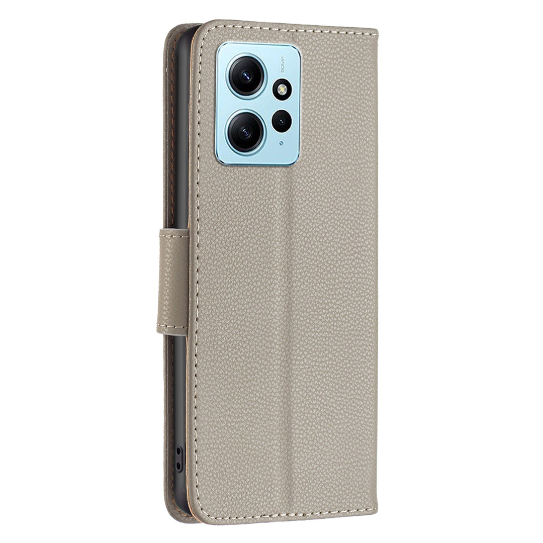 Wallet Cover for Xiaomi Redmi Note 12 4G PU Leather Litchi Texture Flip Stand Phone Case with Strap