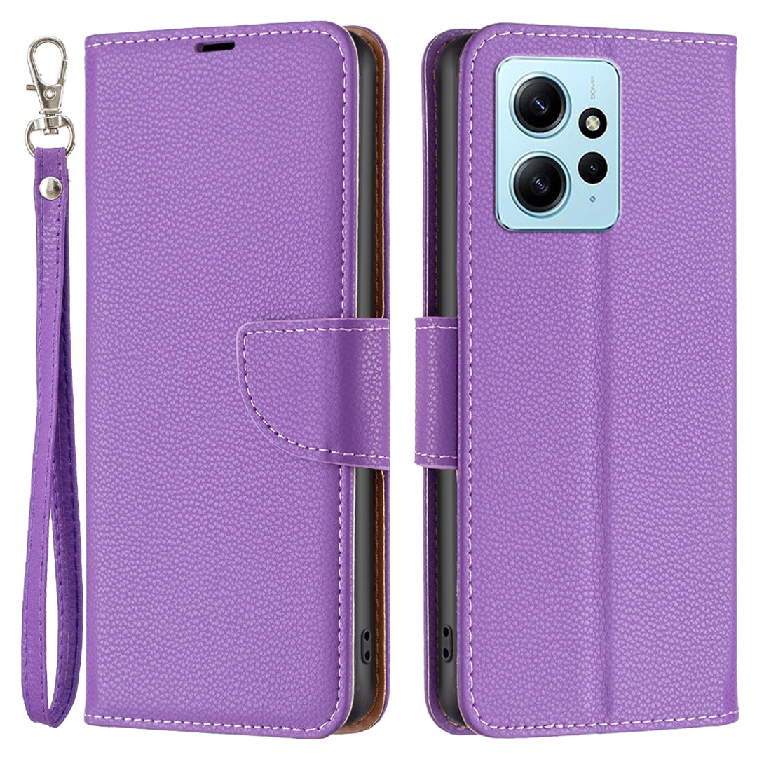 Wallet Cover for Xiaomi Redmi Note 12 4G PU Leather Litchi Texture Flip Stand Phone Case with Strap