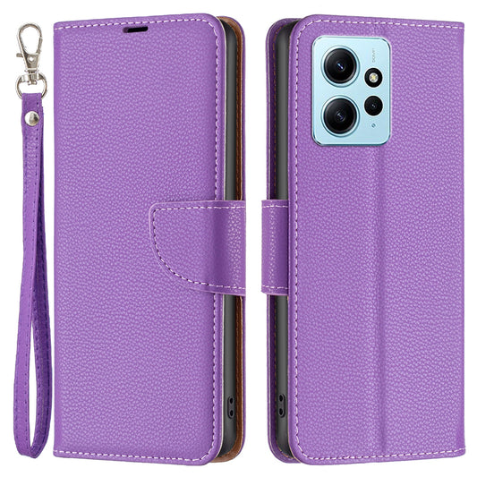 Wallet Cover for Xiaomi Redmi Note 12 4G PU Leather Litchi Texture Flip Stand Phone Case with Strap