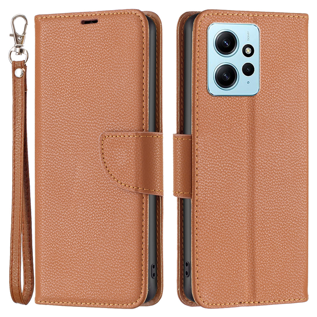 Wallet Cover for Xiaomi Redmi Note 12 4G PU Leather Litchi Texture Flip Stand Phone Case with Strap