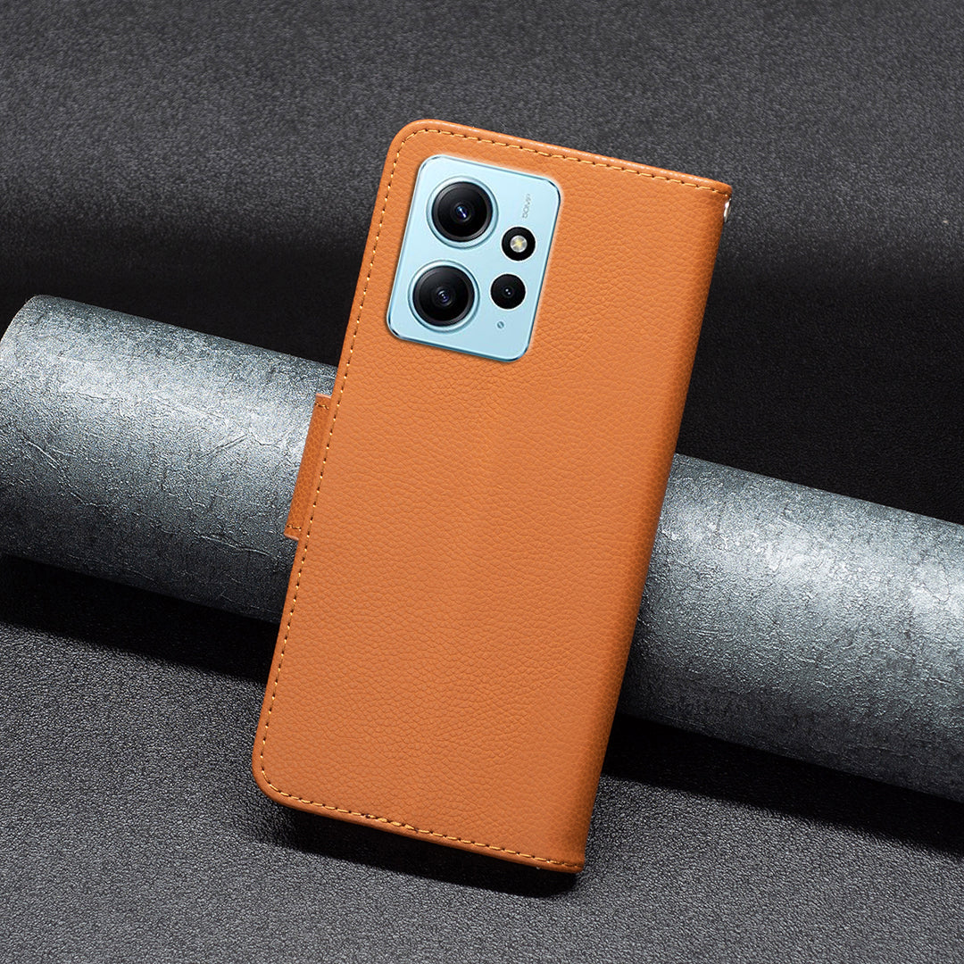 Wallet Cover for Xiaomi Redmi Note 12 4G PU Leather Litchi Texture Flip Stand Phone Case with Strap