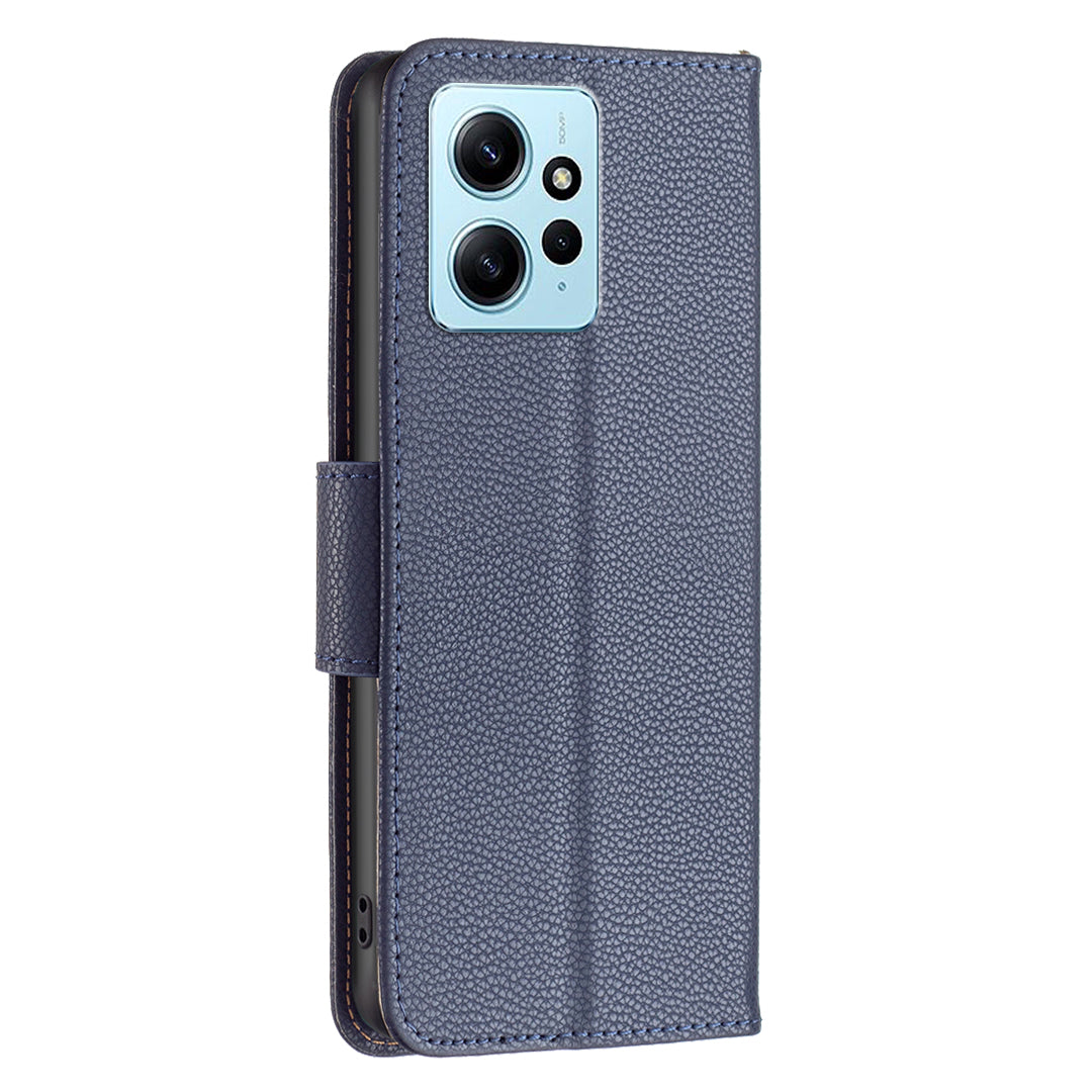 Wallet Cover for Xiaomi Redmi Note 12 4G PU Leather Litchi Texture Flip Stand Phone Case with Strap