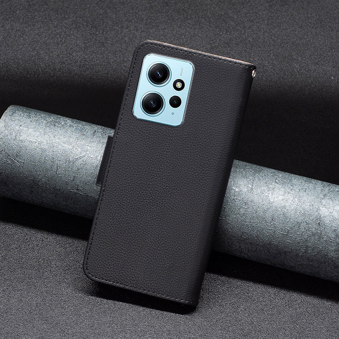 Wallet Cover for Xiaomi Redmi Note 12 4G PU Leather Litchi Texture Flip Stand Phone Case with Strap
