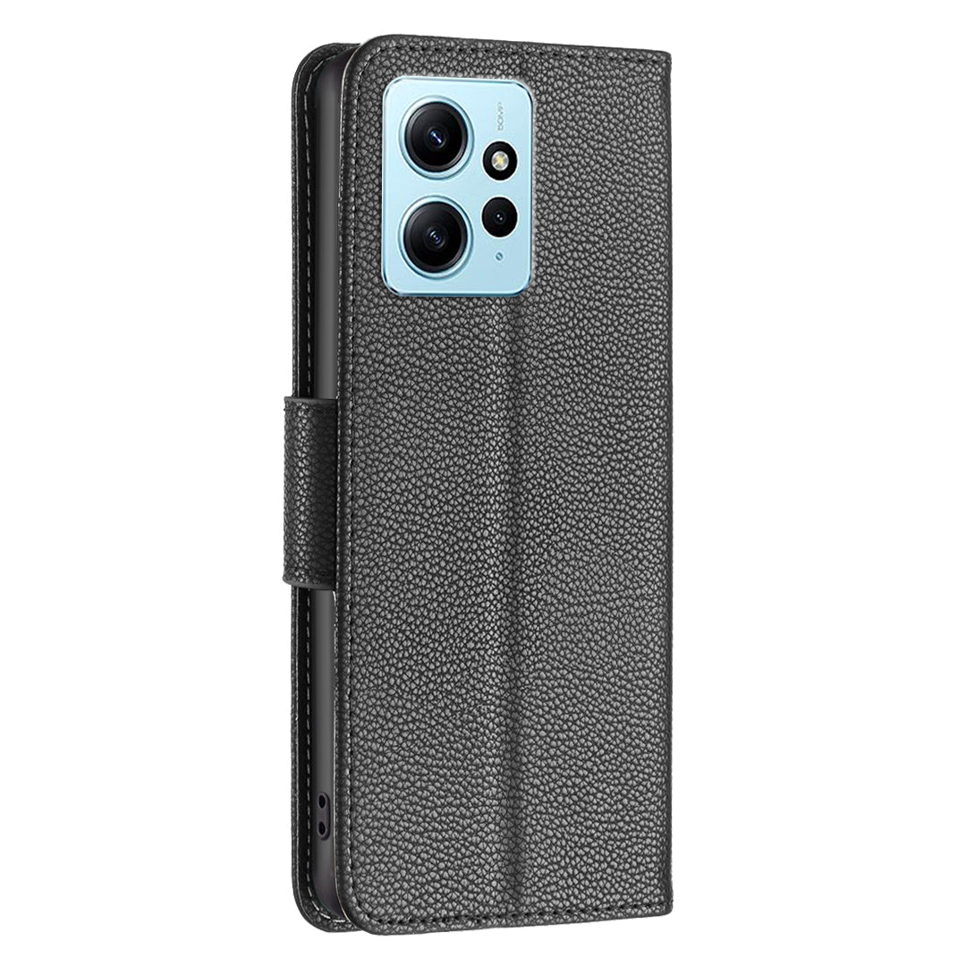 Wallet Cover for Xiaomi Redmi Note 12 4G PU Leather Litchi Texture Flip Stand Phone Case with Strap