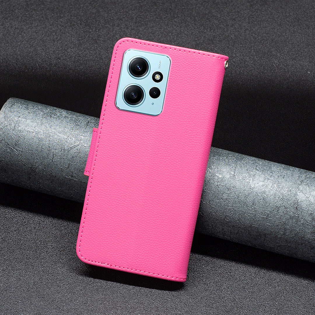Wallet Cover for Xiaomi Redmi Note 12 4G PU Leather Litchi Texture Flip Stand Phone Case with Strap