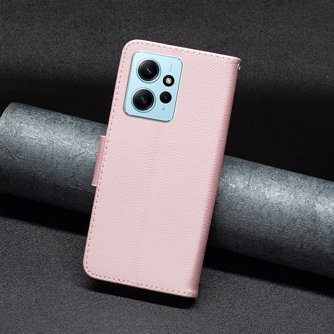 Wallet Cover for Xiaomi Redmi Note 12 4G PU Leather Litchi Texture Flip Stand Phone Case with Strap