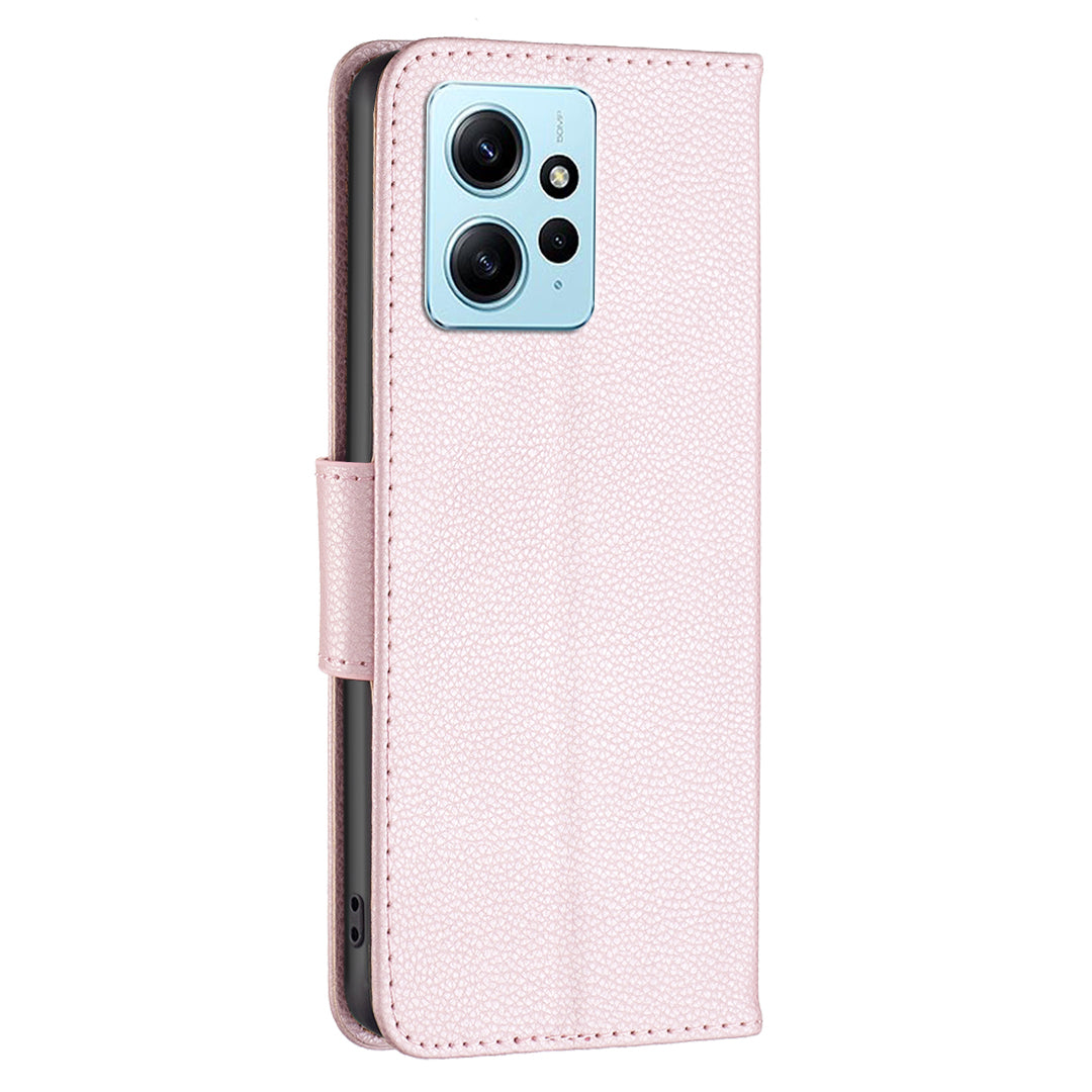 Wallet Cover for Xiaomi Redmi Note 12 4G PU Leather Litchi Texture Flip Stand Phone Case with Strap