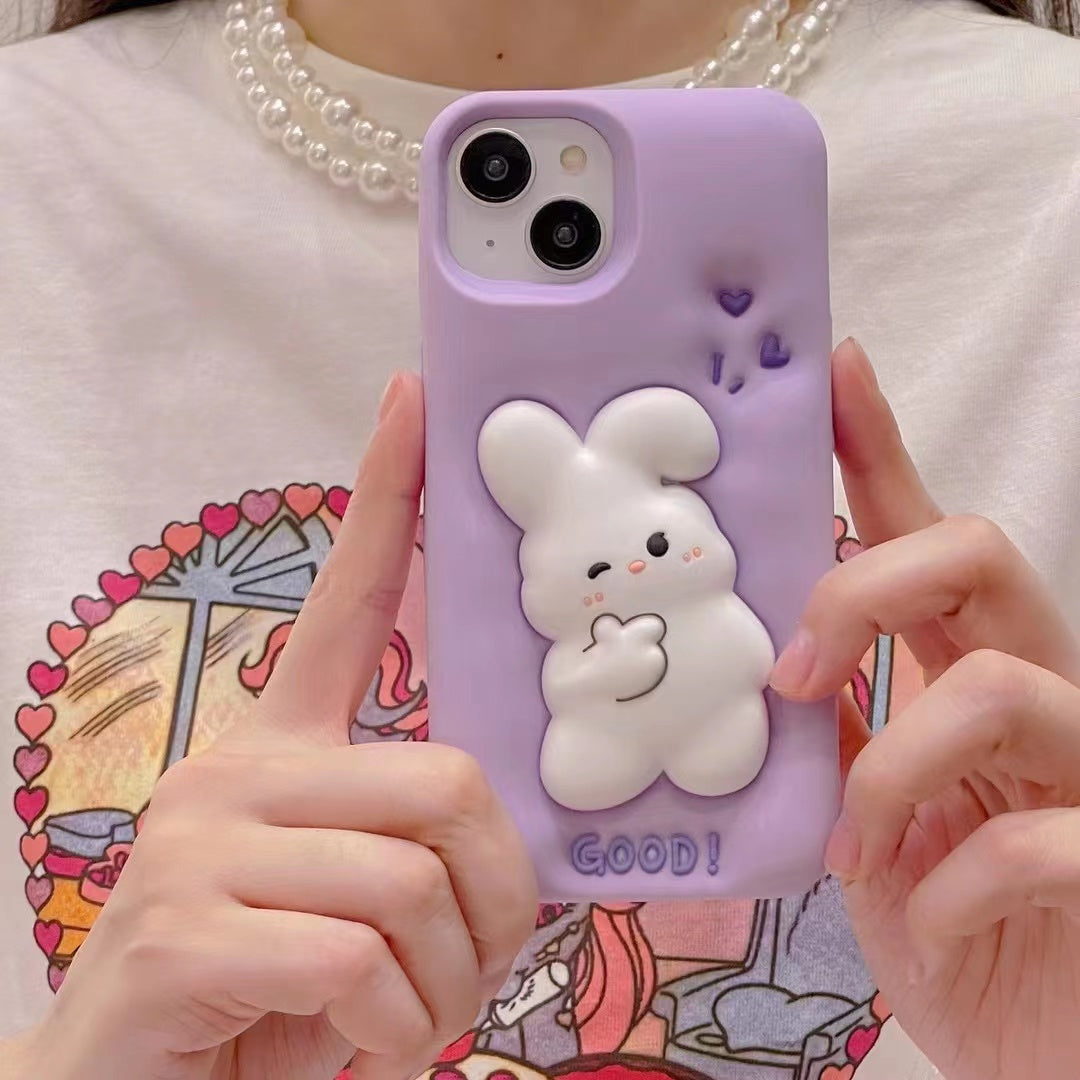 For iPhone 14 / 13 Silicone Phone Case 3D Cartoon Rabbit Decor Anti-scratch Phone Cover