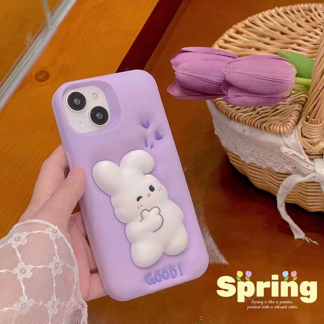 For iPhone 14 / 13 Silicone Phone Case 3D Cartoon Rabbit Decor Anti-scratch Phone Cover