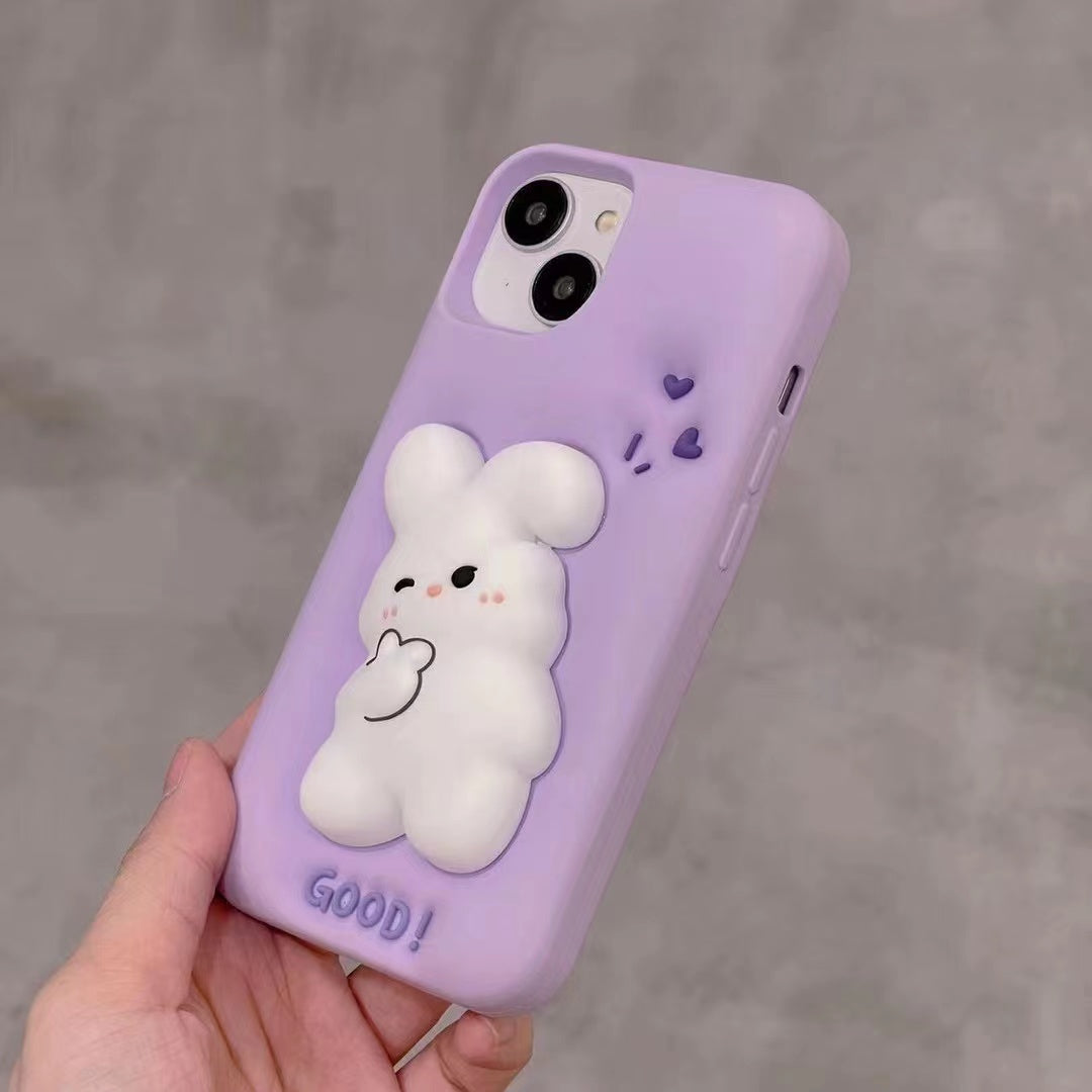 For iPhone 14 / 13 Silicone Phone Case 3D Cartoon Rabbit Decor Anti-scratch Phone Cover