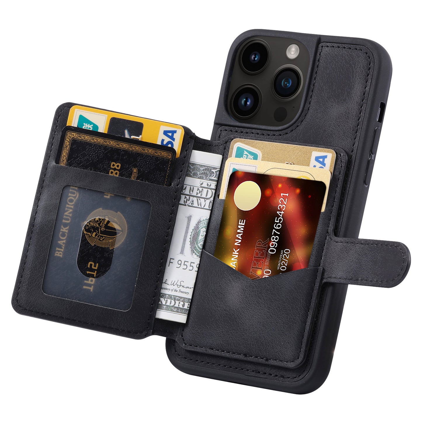 For iPhone 14 Pro Max Phone Wallet Case RFID Blocking Leather Coated TPU Kickstand Cover