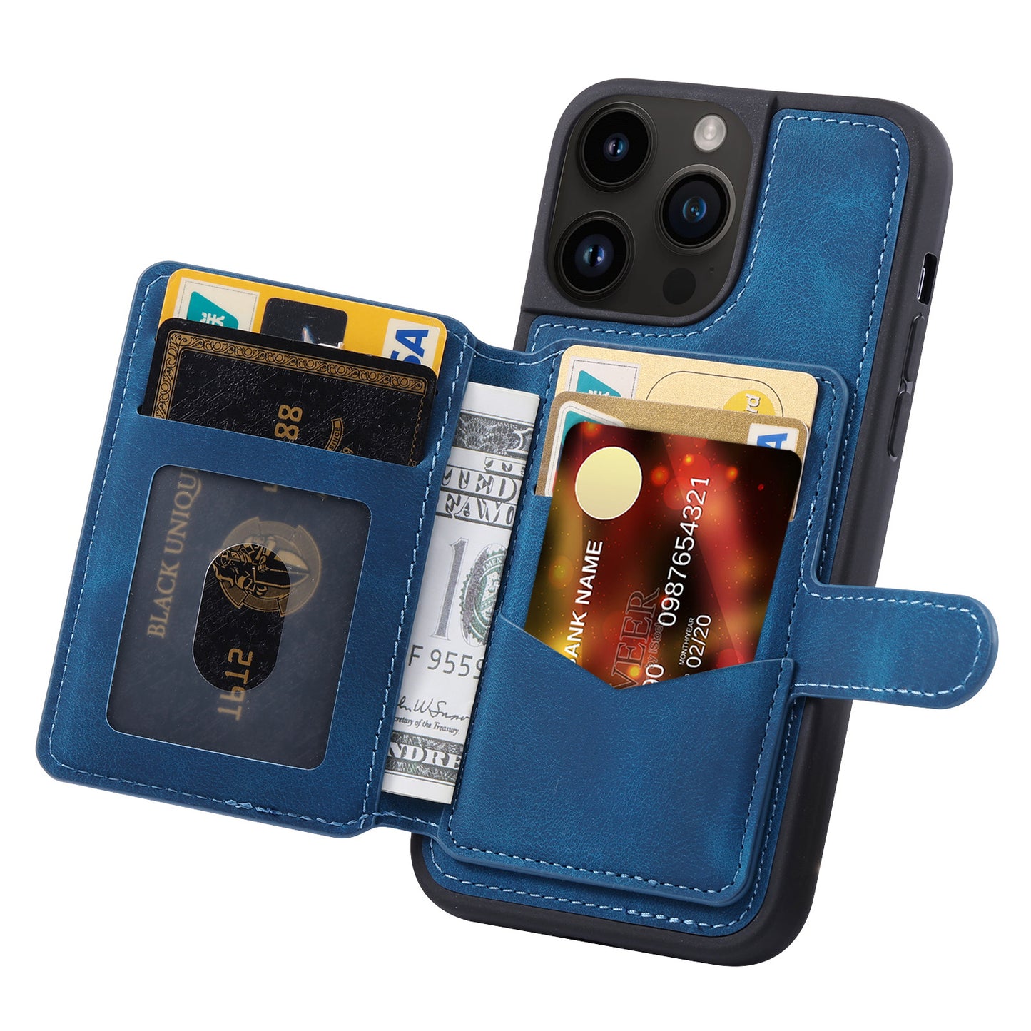 For iPhone 14 Pro Max Phone Wallet Case RFID Blocking Leather Coated TPU Kickstand Cover