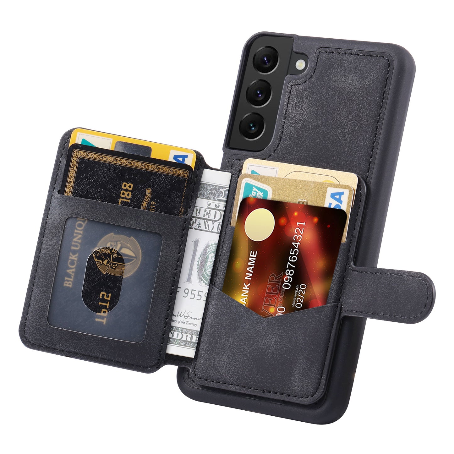 For Samsung Galaxy S22 5G RFID Blocking Phone Case Leather Coated TPU Kickstand Wallet Phone Cover