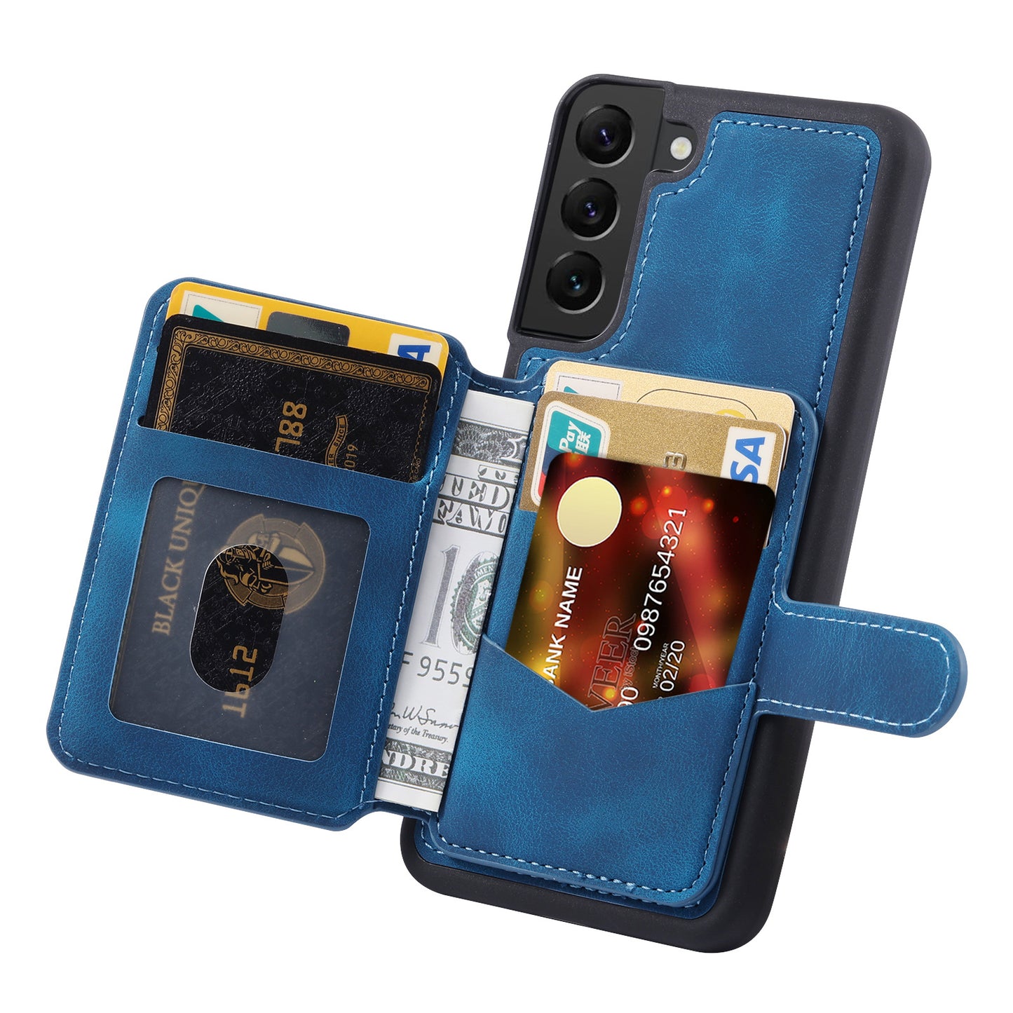 For Samsung Galaxy S22 5G RFID Blocking Phone Case Leather Coated TPU Kickstand Wallet Phone Cover