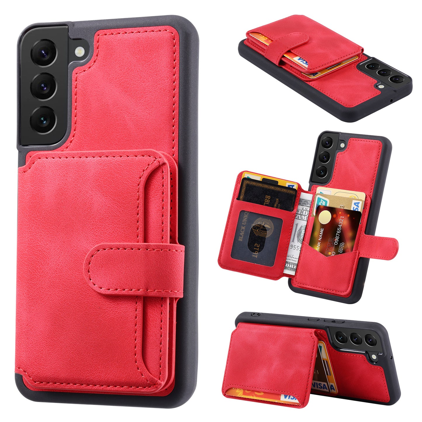 For Samsung Galaxy S22 5G RFID Blocking Phone Case Leather Coated TPU Kickstand Wallet Phone Cover