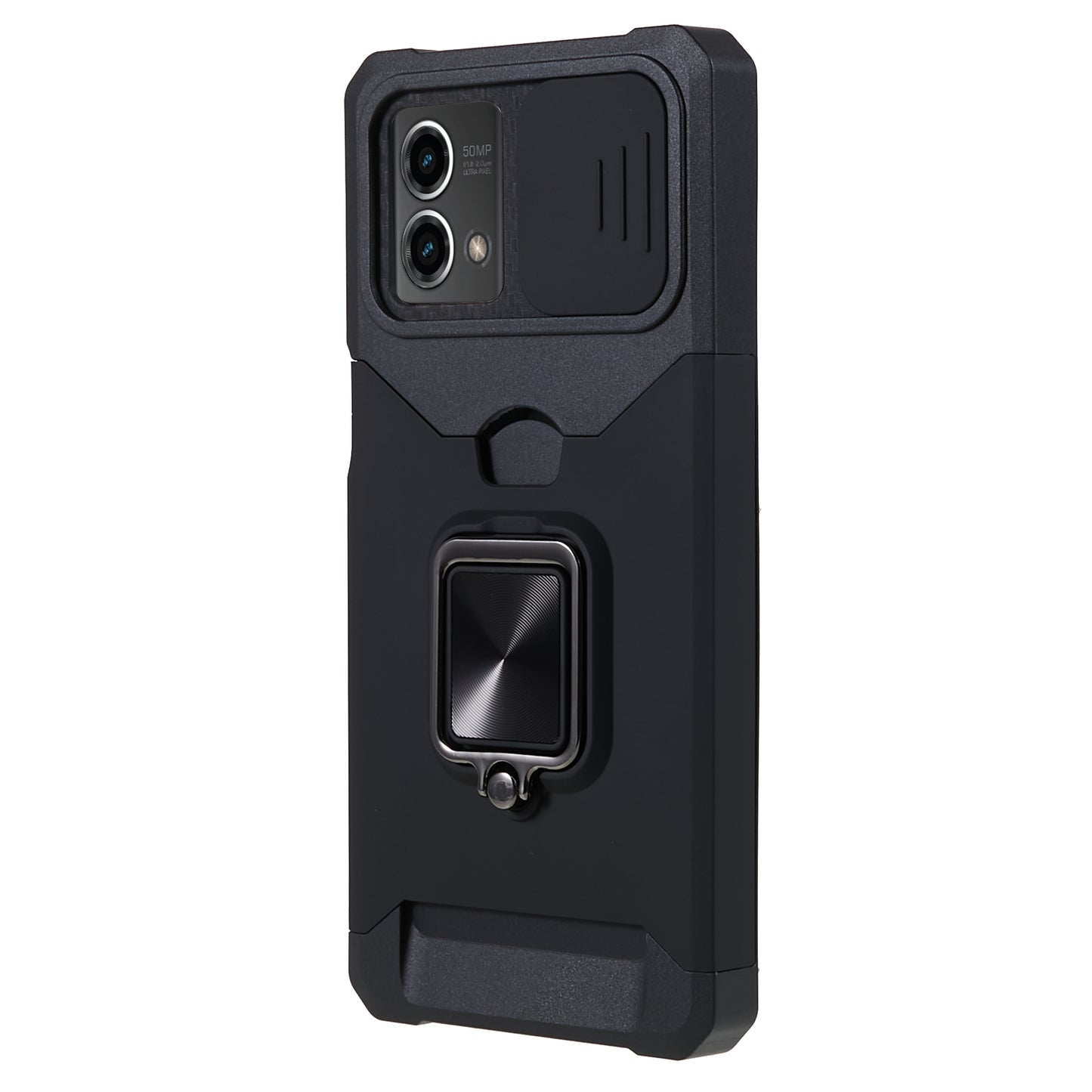 For Motorola Moto G 5G (2023) PC+TPU Card Holder Case Kickstand Anti-Scratch Phone Cover with Slide Camera Lid