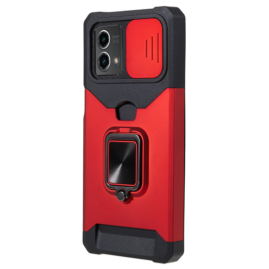 For Motorola Moto G 5G (2023) PC+TPU Card Holder Case Kickstand Anti-Scratch Phone Cover with Slide Camera Lid