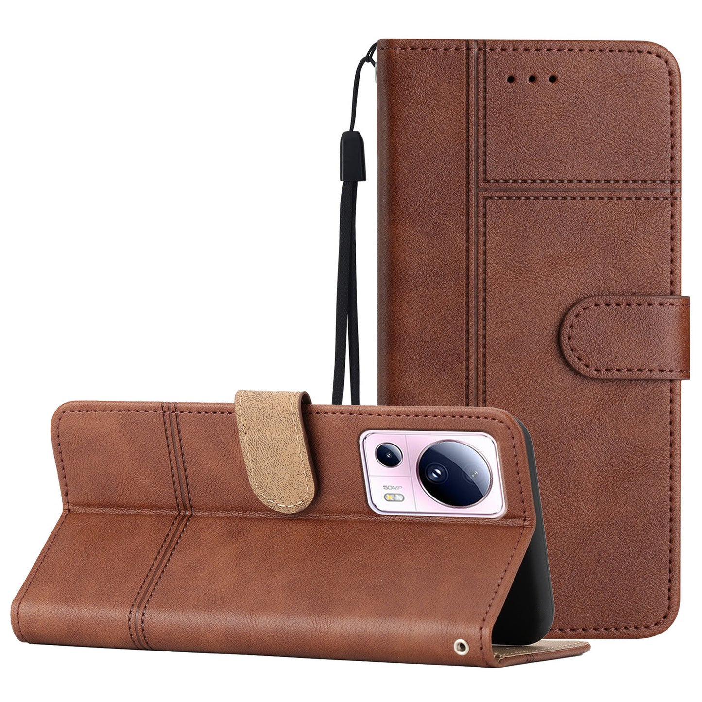 For Xiaomi 13 Lite / Civi 2 5G PU Leather Phone Wallet Case Line Imprinted Cowhide Texture Stand Cover