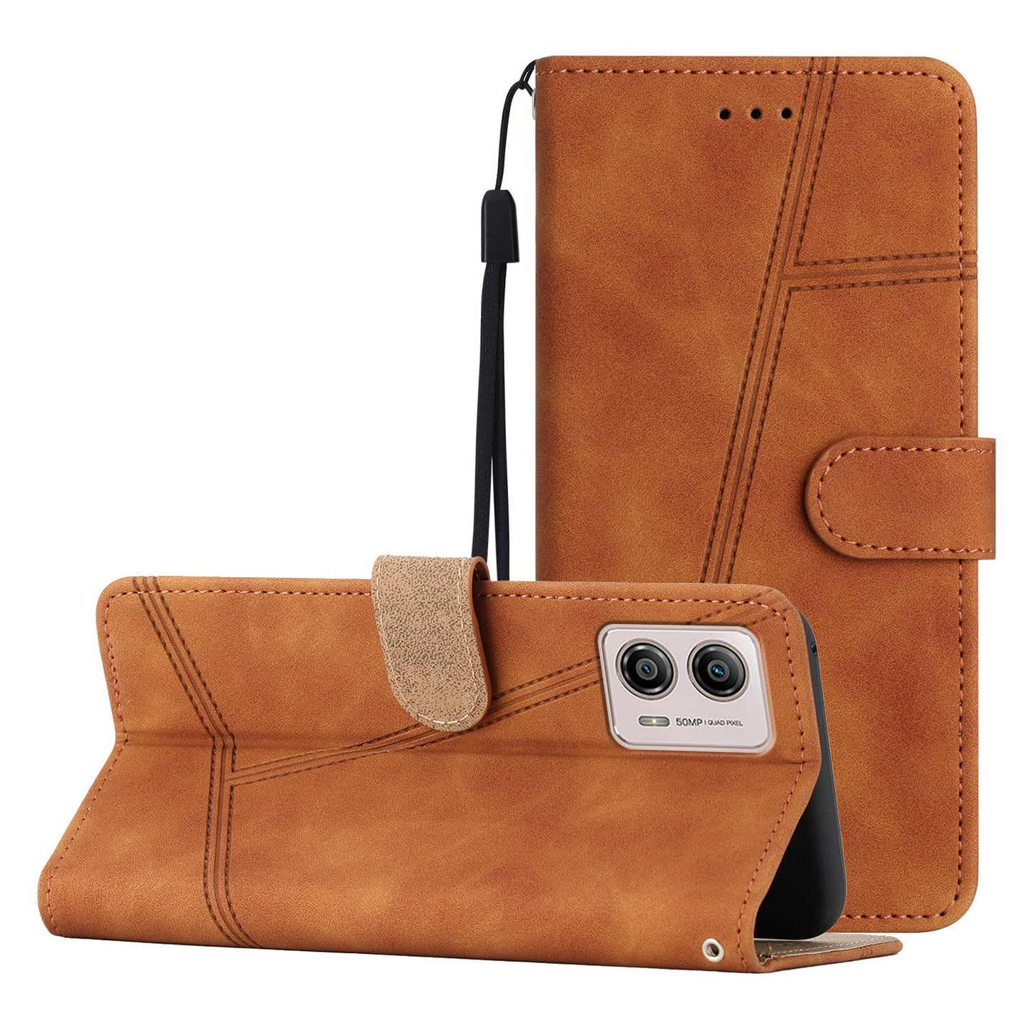 For Motorola Moto G73 5G Skin-touch Imprinted Line Cover with Wallet Stand PU Leather Phone Shell