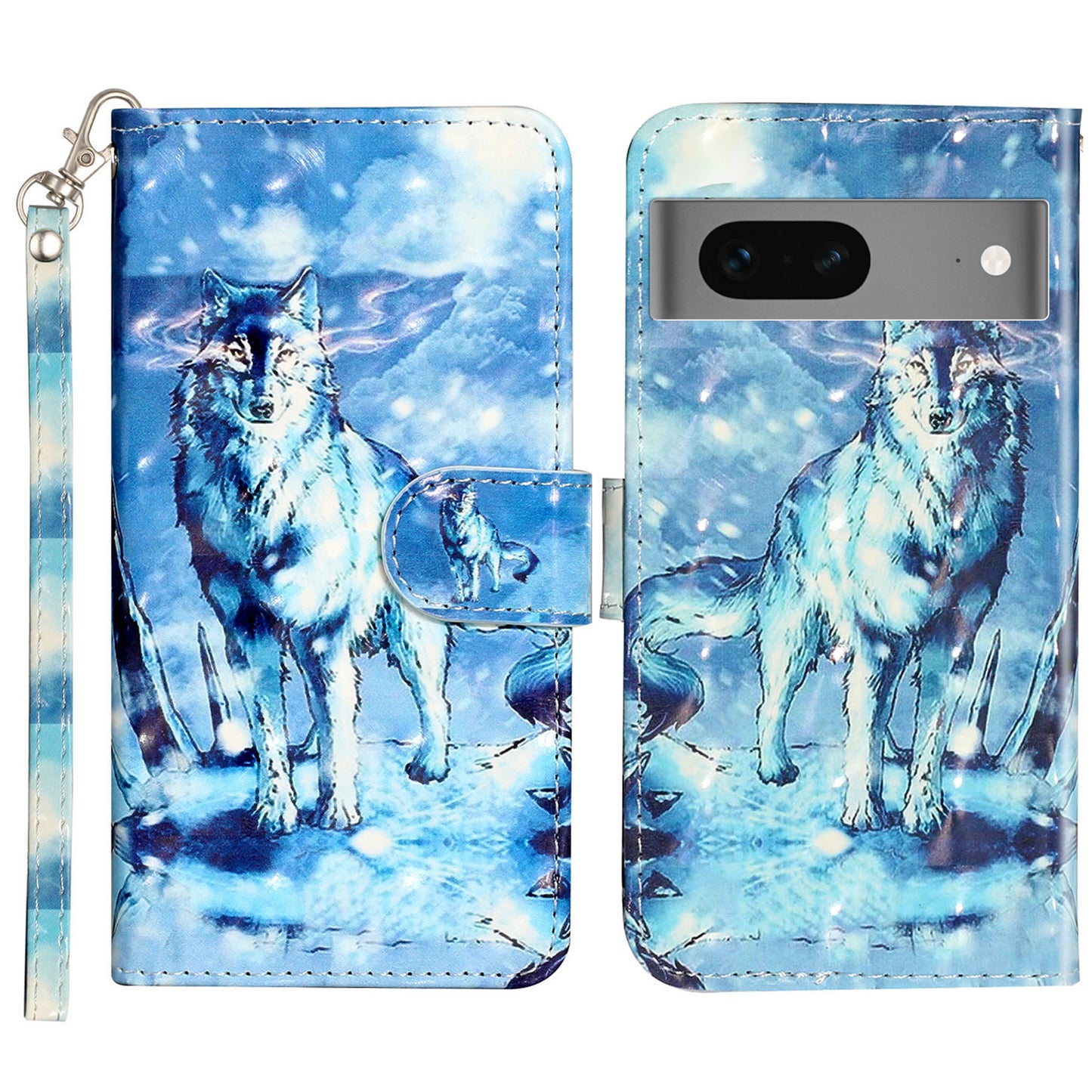 For Google Pixel 7 5G PU Leather Flip Wallet Case 3D Pattern Printing Stand Phone Cover with Strap