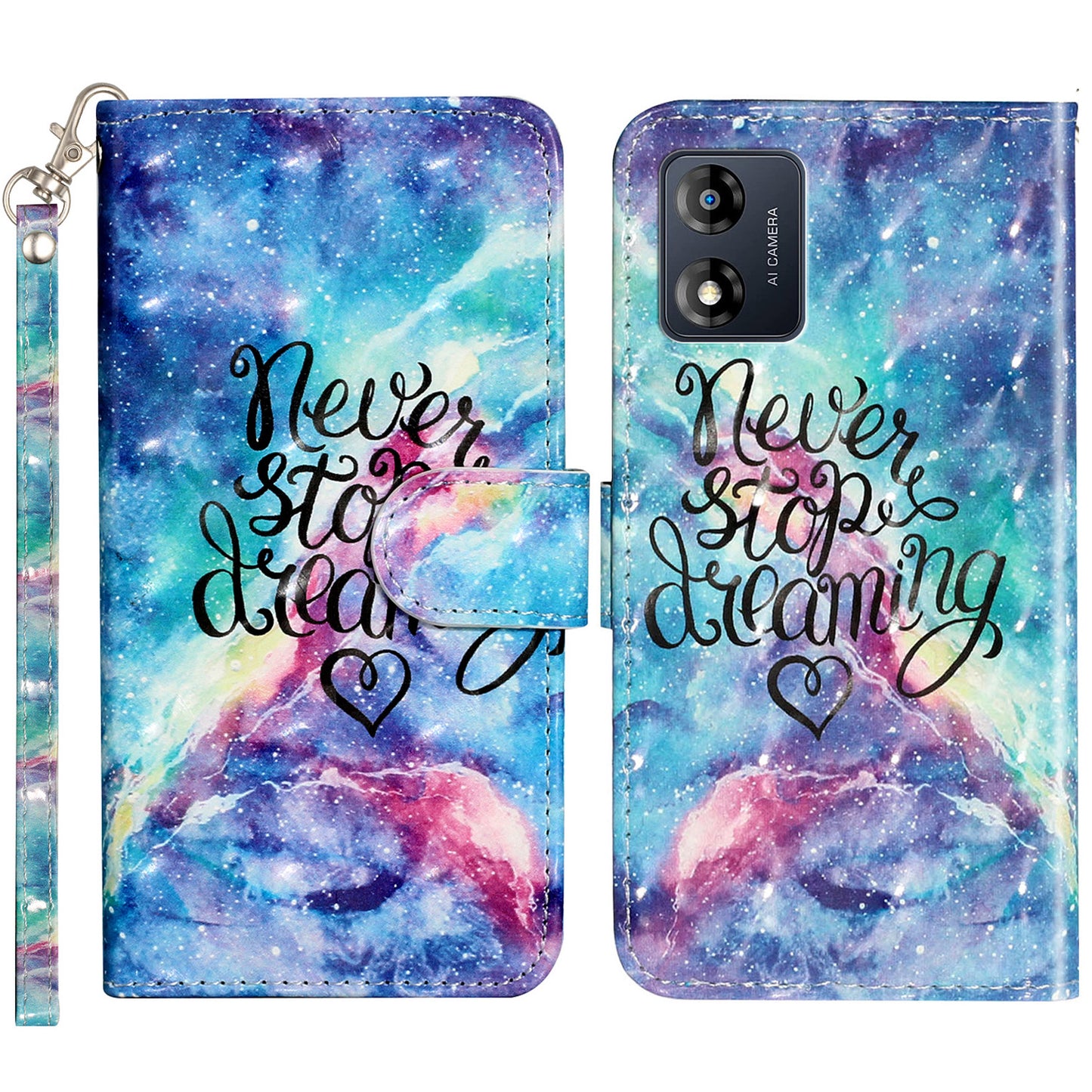 For Motorola Moto E13 4G PU Leather Phone Cover 3D Pattern Printing Wallet Stand Phone Case with Strap