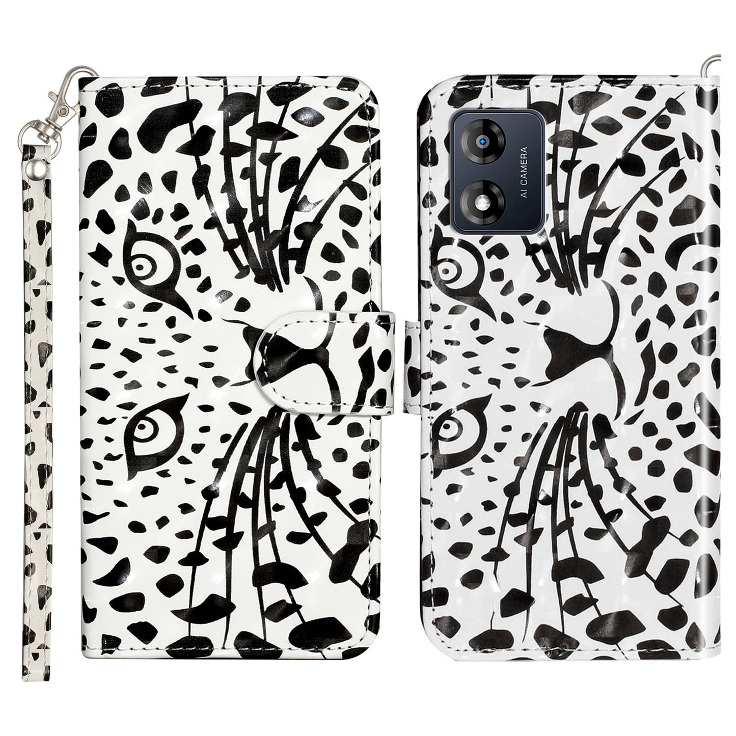 For Motorola Moto E13 4G PU Leather Phone Cover 3D Pattern Printing Wallet Stand Phone Case with Strap