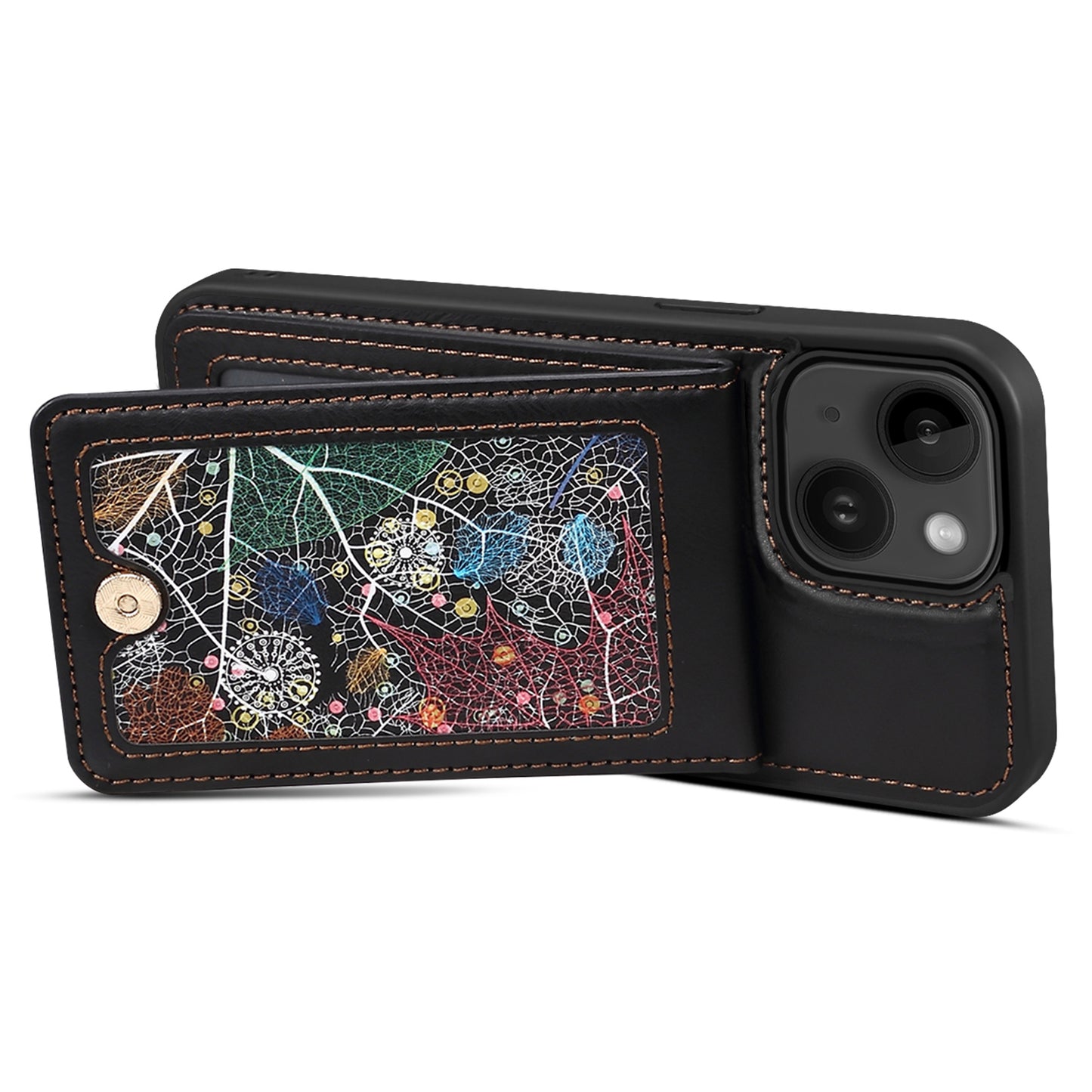 For iPhone 14 / 13 Cell Phone Case Card Holder Kickstand Leather Coated TPU Cover with Shoulder Strap