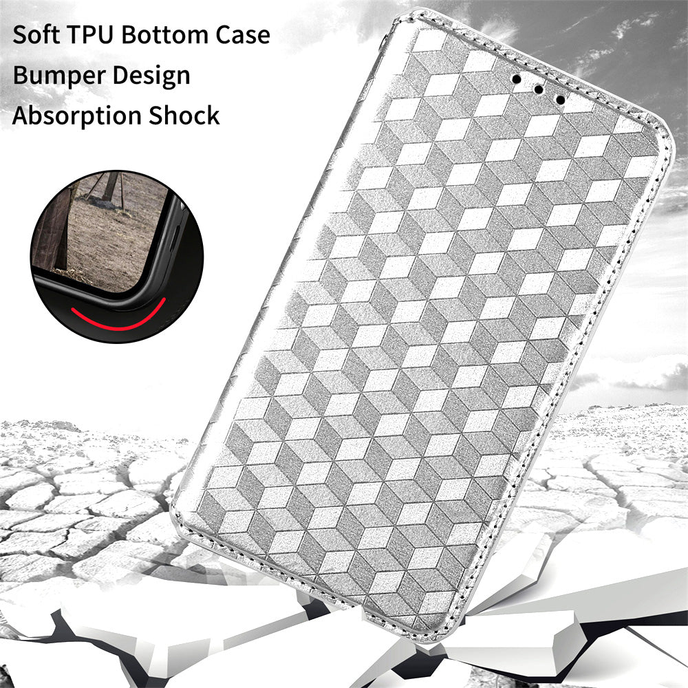 For Samsung Galaxy M14 5G Stand Phone Cover Wallet Imprinted Rhombus Pattern PU Leather+TPU Phone Case
