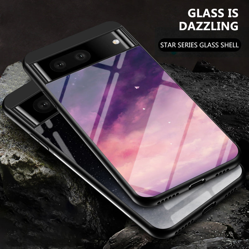 For Google Pixel 7a PC+TPU+Tempered Glass Back Cover Starry Sky Pattern Anti-drop Phone Case