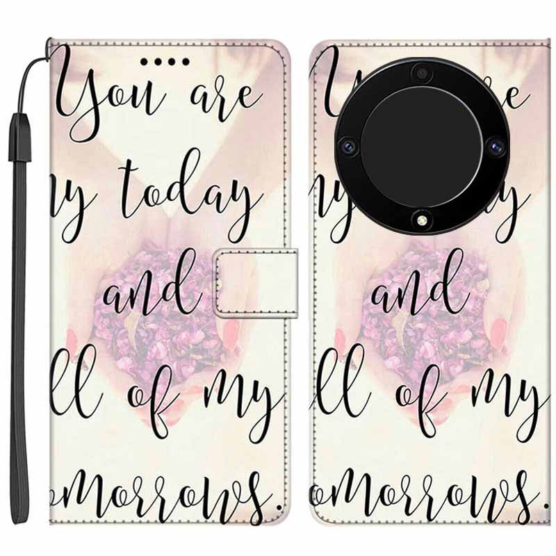 For Honor X9a 5G PU Leather Phone Case Pattern Printing Folding Stand Wallet Cover with Strap