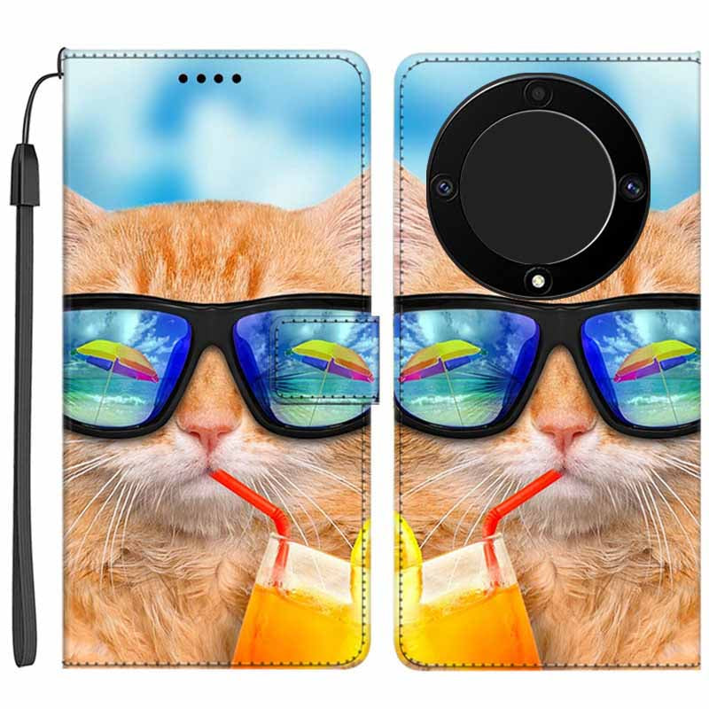 For Honor X9a 5G PU Leather Phone Case Pattern Printing Folding Stand Wallet Cover with Strap