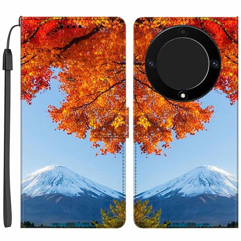 For Honor X9a 5G PU Leather Phone Case Pattern Printing Folding Stand Wallet Cover with Strap