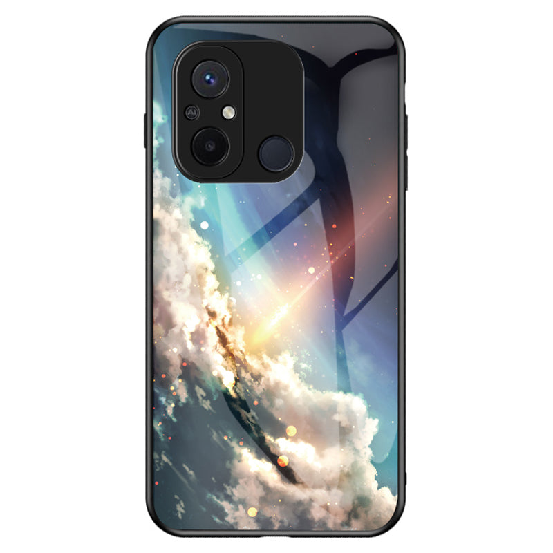 For Xiaomi Redmi 12C 4G Tempered Glass Back Cover Starry Sky Pattern Anti-Scratch PC+TPU Phone Case