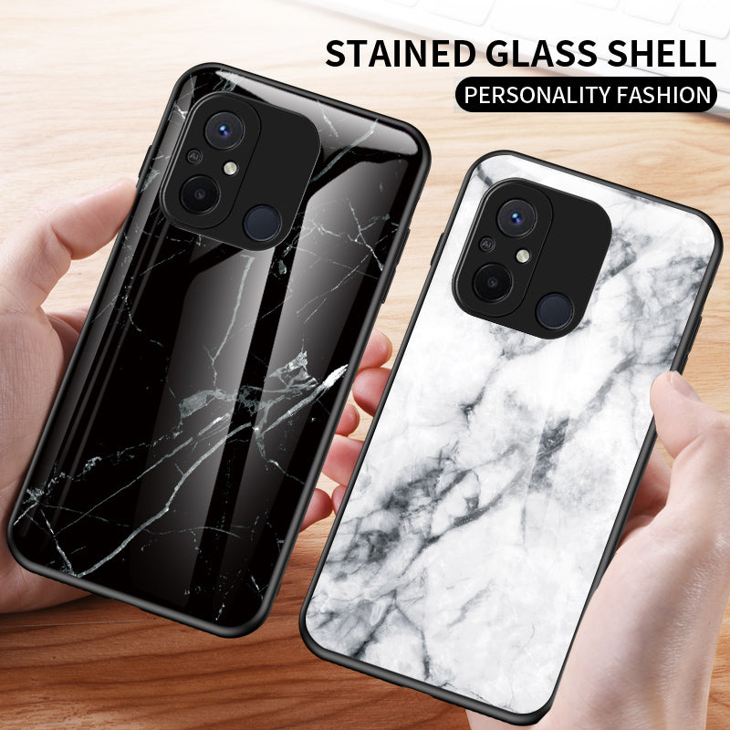 For Xiaomi Redmi 12C 4G Tempered Glass Phone Case Marble Pattern Design PC +TPU Protective Cover